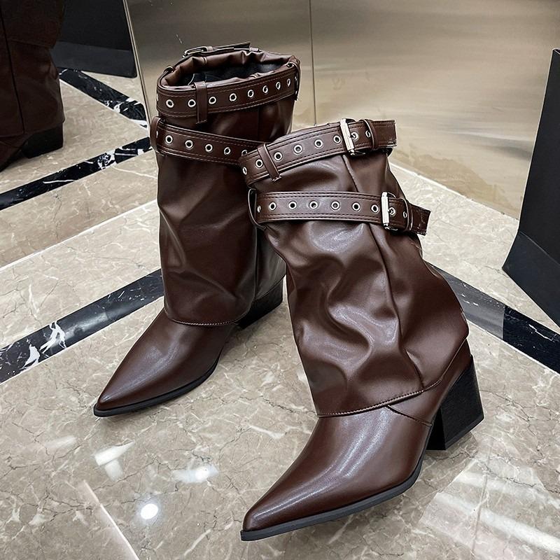 Fashion Autumn Mid-Cone Boots Fashion Pointed Toe Sleeve Non-Slip Wear-Resistant Block Heel