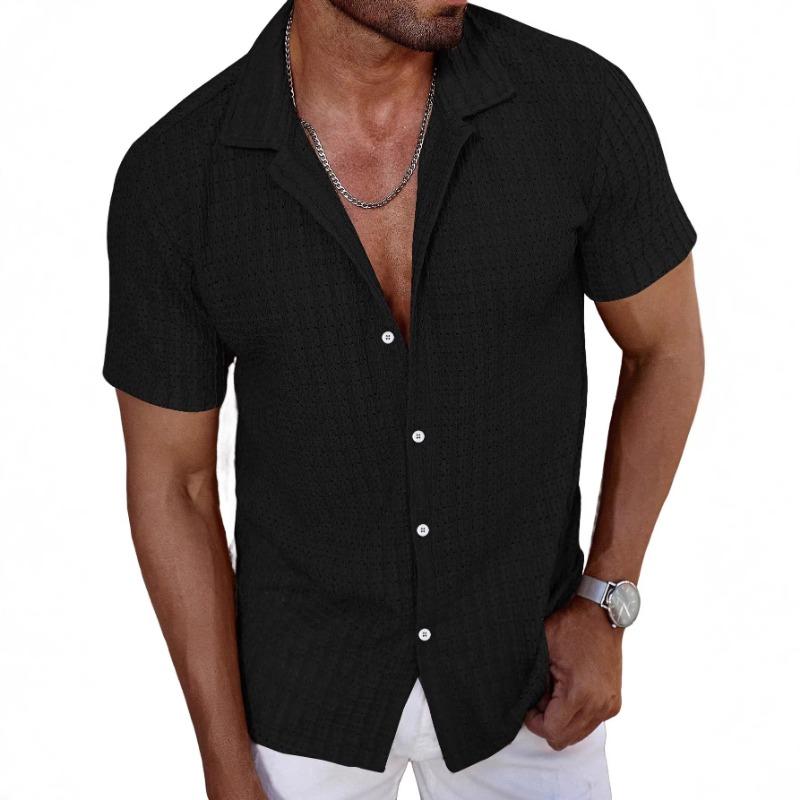 Men Hollow Knit Textured Cuban Collar Button Down Short Sleeve Casual Beach Vacation Shirt