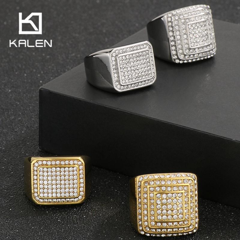 KALEN Hip Hop Nerezová ocel Zirkon Velký prsten pro muže ženy Zlatá barva Čtvercový prsten na prst Masivní Anillos Trendy šperk Dárek
