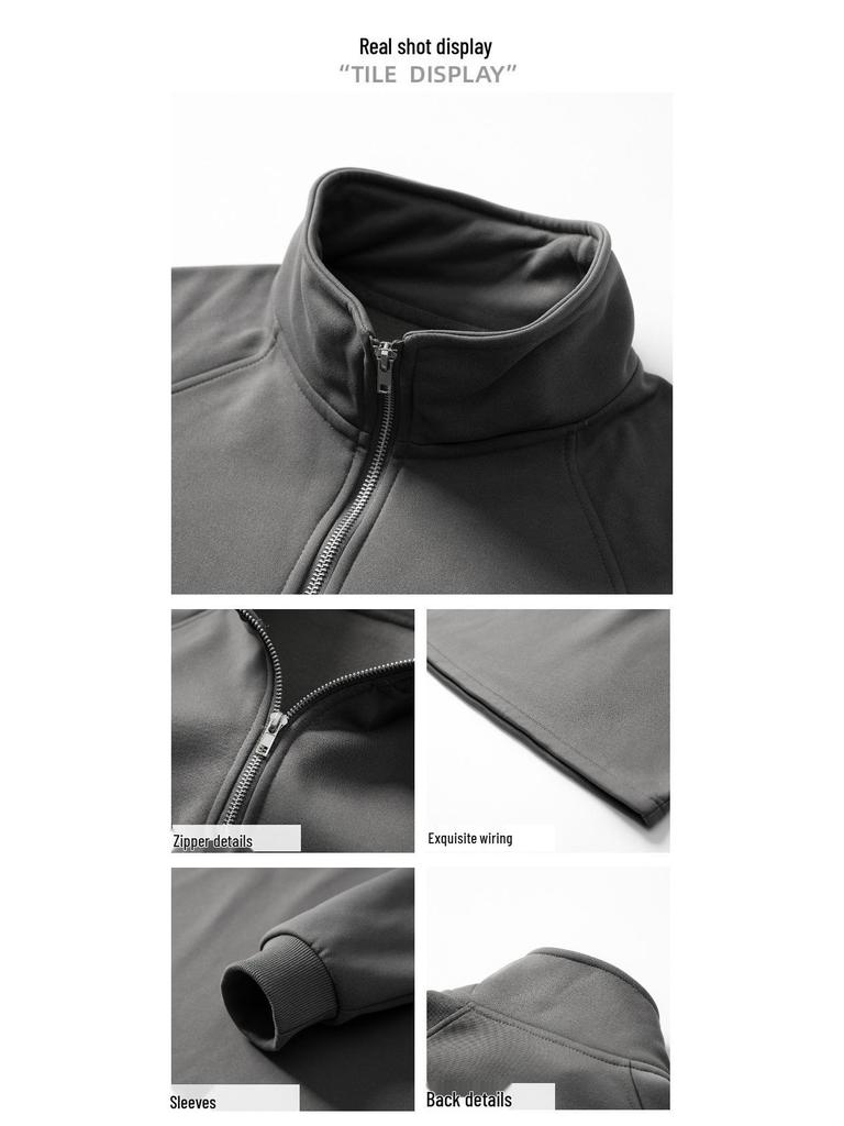 Men's European & American Slim Fit Raglan Sleeve Half-Zip Sweatshirt with Stand Collar - Solid Color Casual Wear for Spring & Autumn.