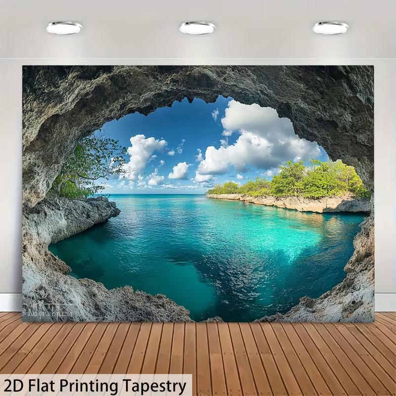 2D Ocean Cave View Backdrop Blue Sky Beach Party Photoshoot Studio Banner