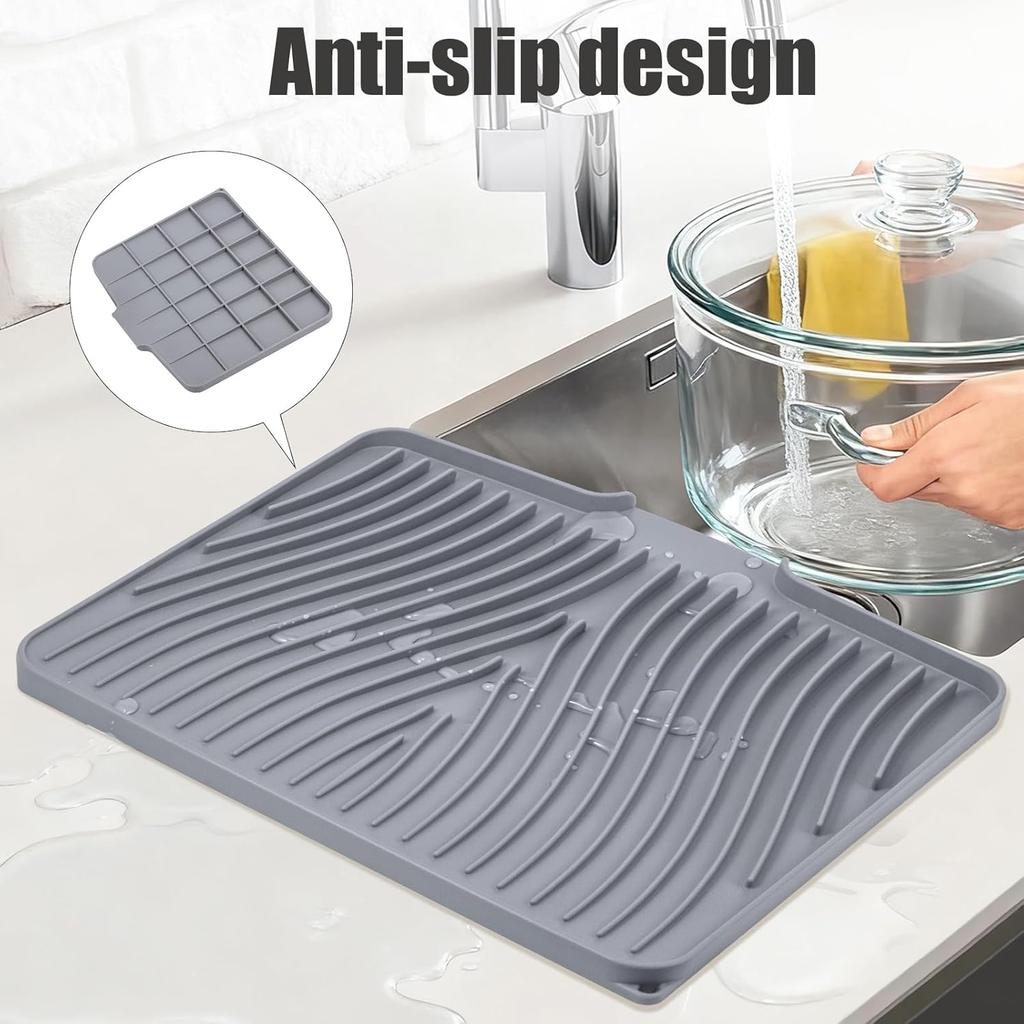 Silicone Dish Drying Mat for Kitchen Counter,  Non-Slip Drain Pad with Built-in Drain, Heat Resistant Stone Drying Mat