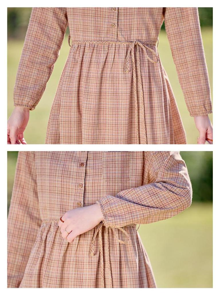 2025 Spring Women's Plaid Waist-Slimming Long Sleeve Dress with Turn-Down Collar