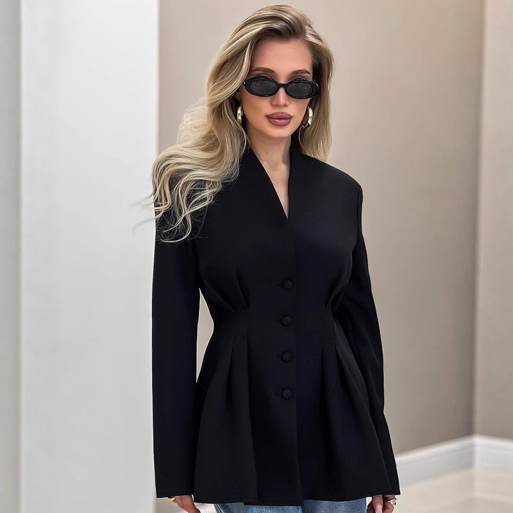 Elegant Slim Fit Waist Suit Design for Women s Outerwear 2026 Autumn New V Neck Commuter Suit Jacket for Women S чёрный