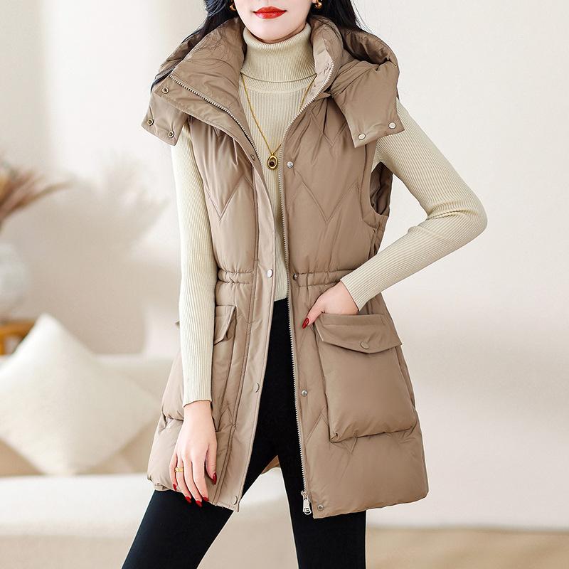 

Женский осенне-зимний ветрозащитный длинный жилет без рукавов с капюшоном, верхняя одежда, куртка-пуховик, парки с хлопковой подкладкой, жилет XXL дубильная кора