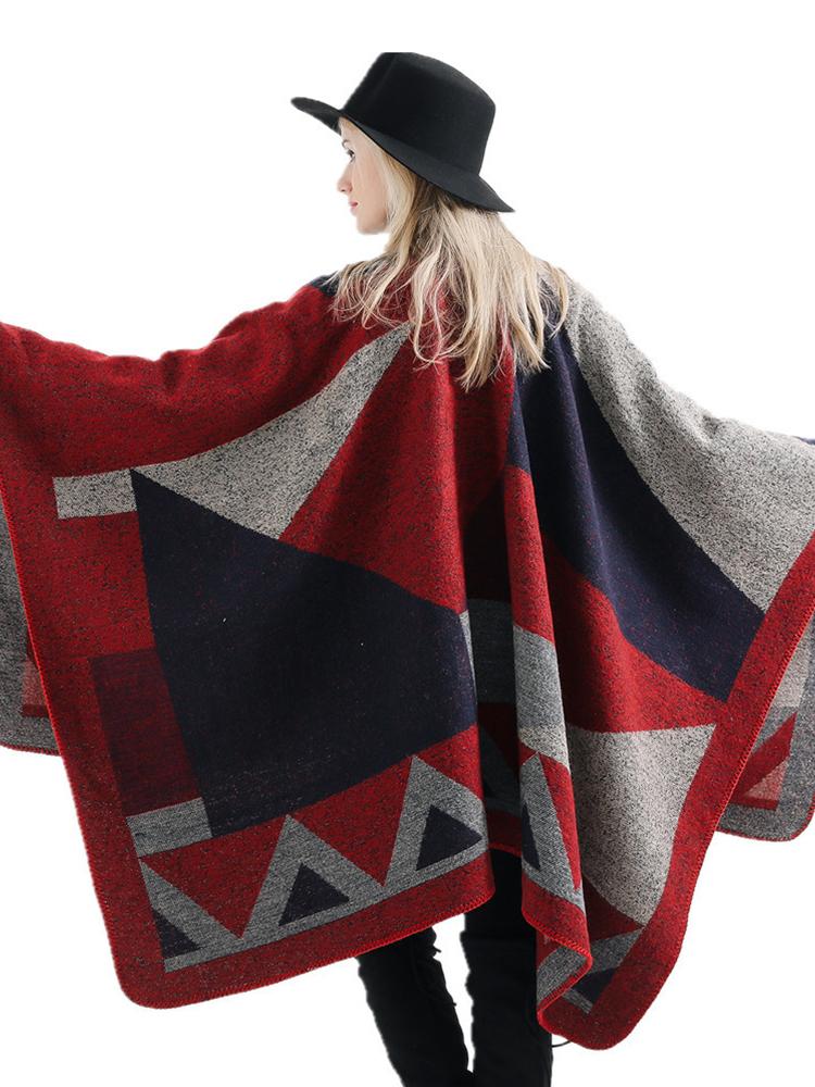 Imitation Cashmere Women Vintage Geometric Poncho Scarf Winter Warm Shawl Wrap Comfortable Female Knitted Soft Thick Blanket