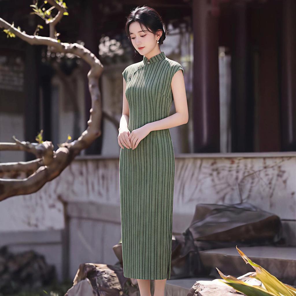 New Chinese style cheongsam 1011 summer green stripes improved literary young girls daily dress