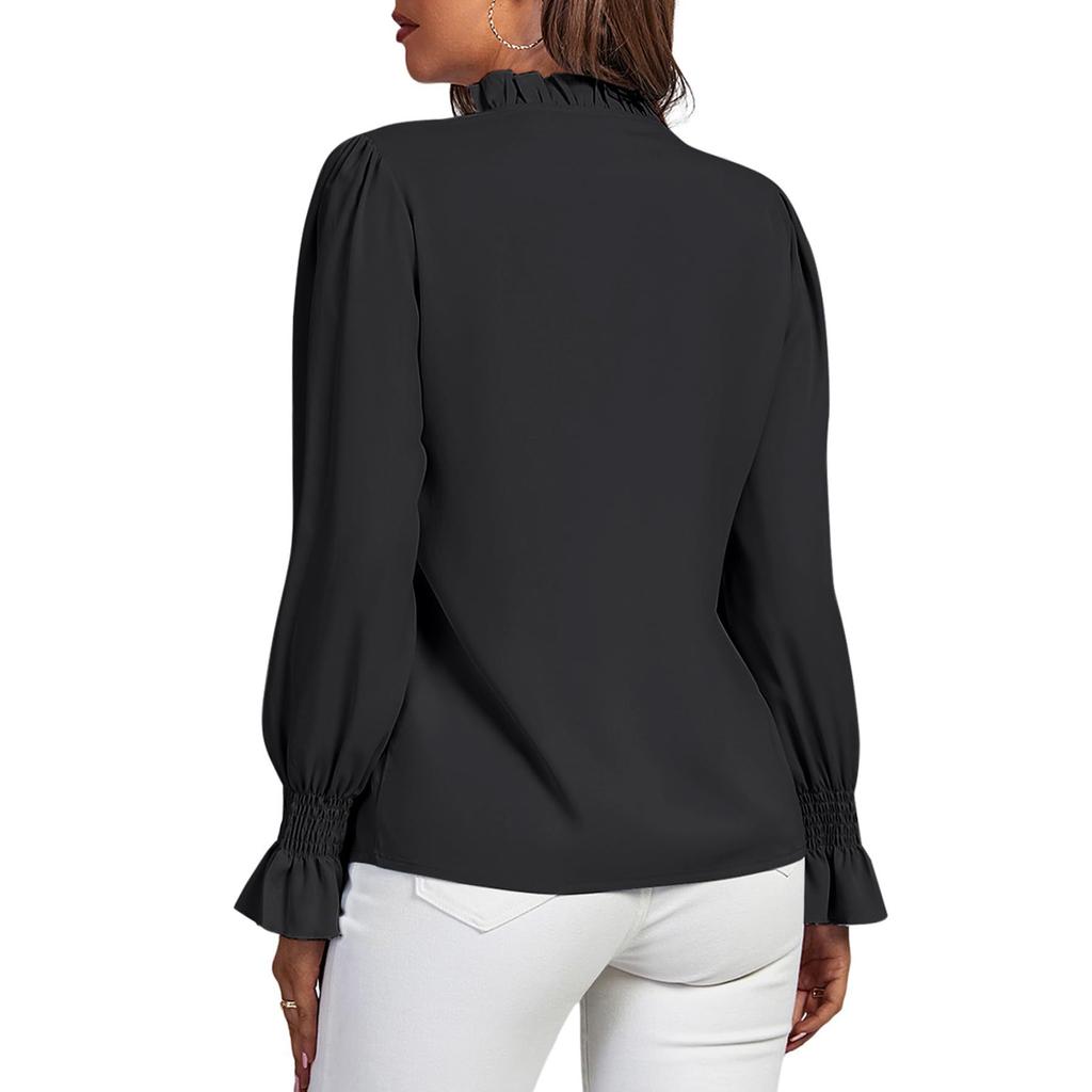 Damen Rüschen Stehkragen Selbstbinde Plissee Spitze Langarm Elegant Hemd Top