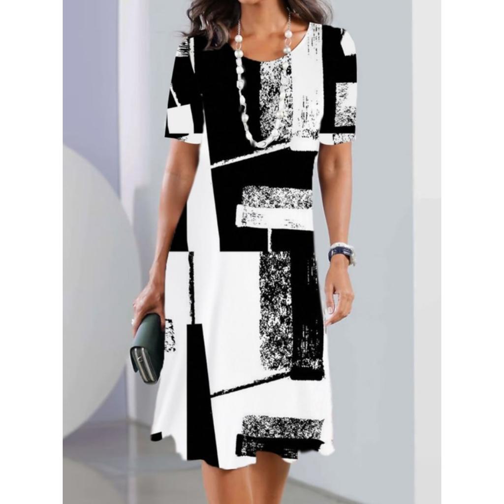 Rundhals Print Blumenkleid Taillenbetontes Elegantes Kleid für Damen Kurzarm Lockere Kleider Causal Kleid