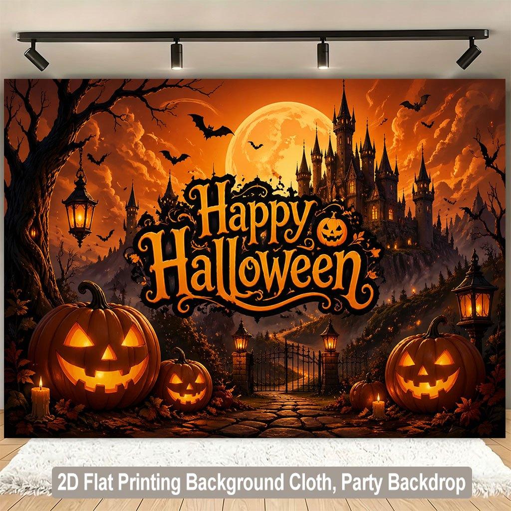 1 piece of 2D flat background fabric Halloween pumpkin lantern castle night scene background fabric wooden board wall.PMJ