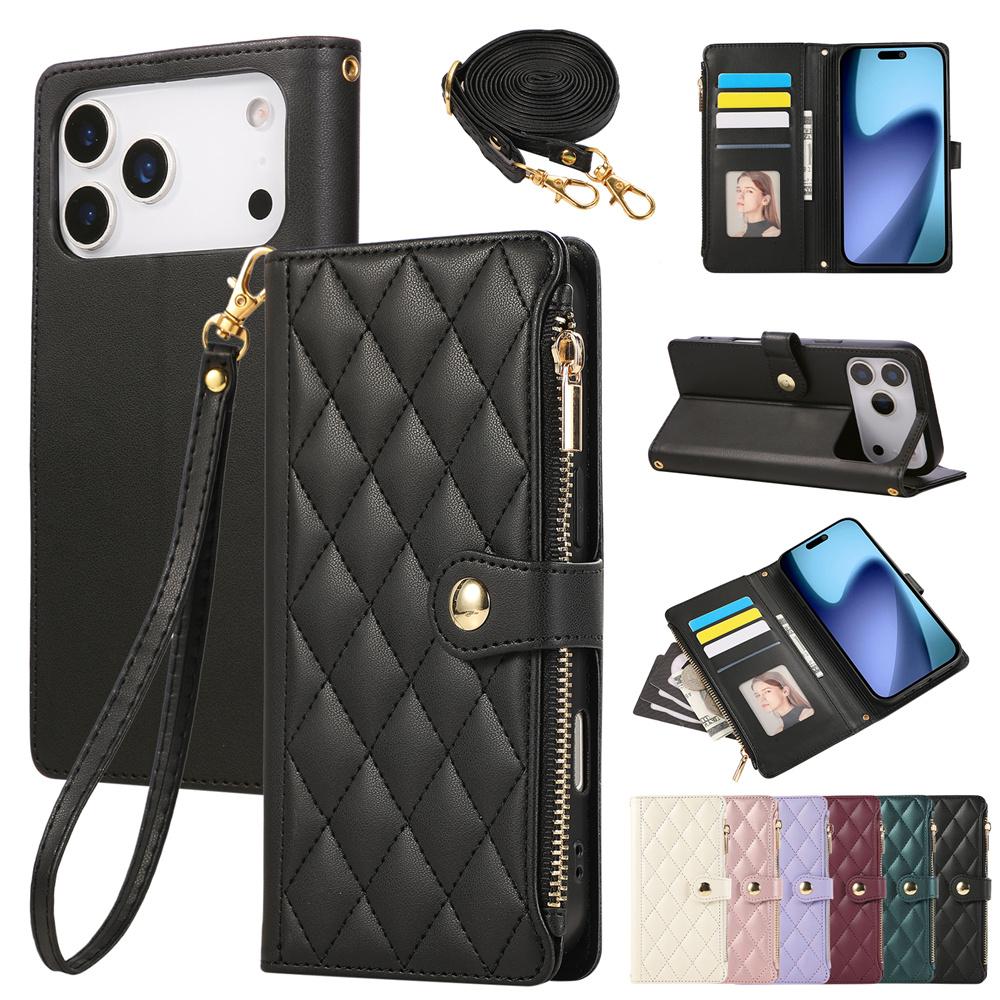 PU Leather Card Holder Wallet Phone Case with Crossbody & Wrist Strap for 16E 17 Ari 16 15 14 13 12 11 Pro Max XS 8 Plus