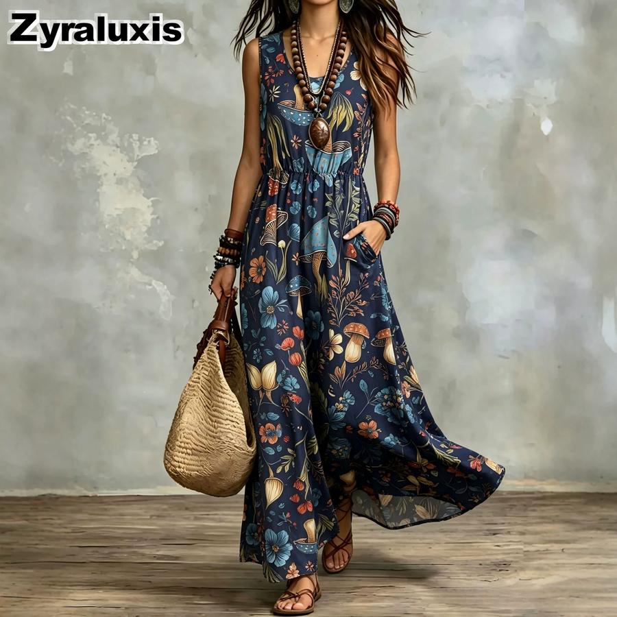 Summer New Printed Temperament Sleeveless Pocket Long Dress Vintage Dress Ready-to-Ship