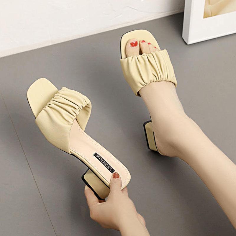2025 New Korean Version of High-heeled Cool Slippers Women's Thick Heel Versatile Fashion Outer Wear One-word Drag Middle Heel Fitting Shoes Women's S