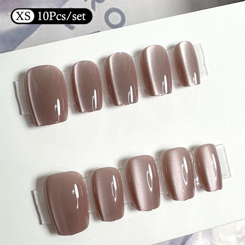 10Pcs Trendy Simple Solid Color Cat Eye Nail Art Fake Nails Long Lasting Fake Nails For Women Daily Office Party Manicure