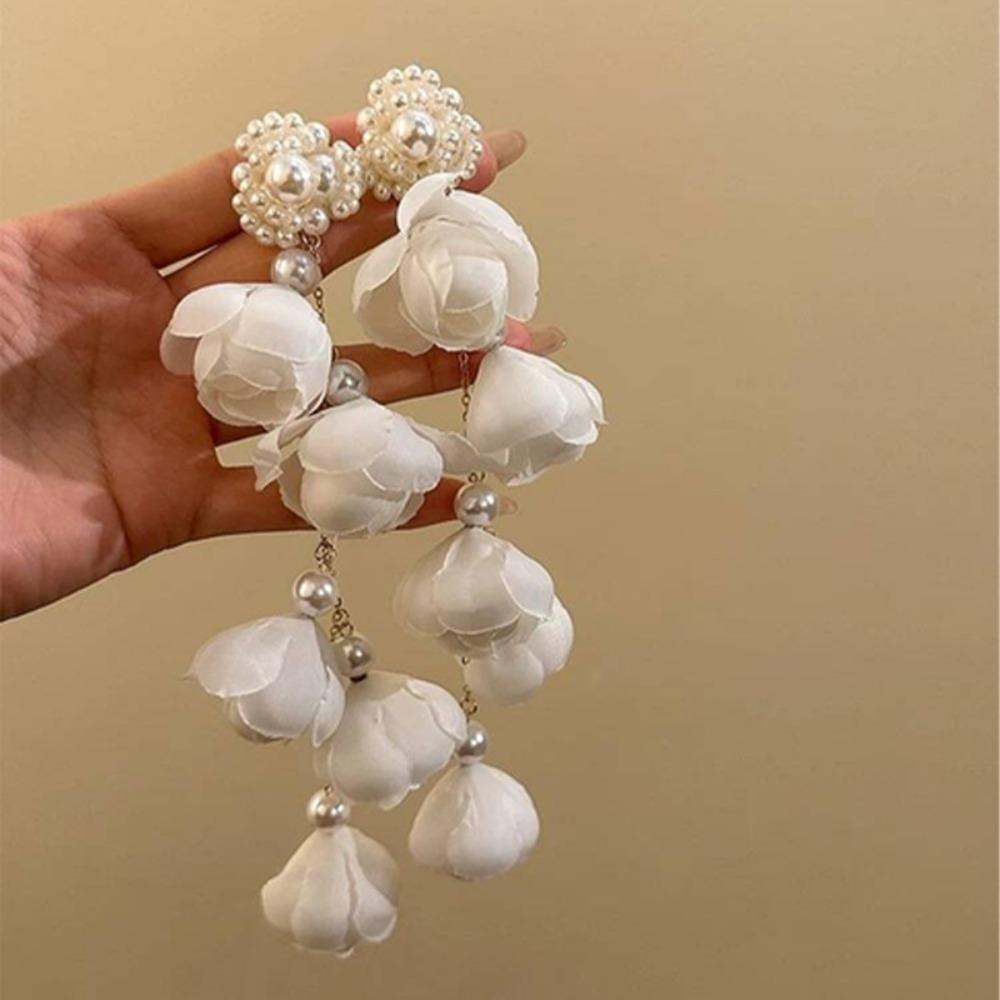 Fashion White Drop Earrings Flower Pearl Imitation Piercing Earrings Long Tassel Long Tassel Earrings Banquet Wedding