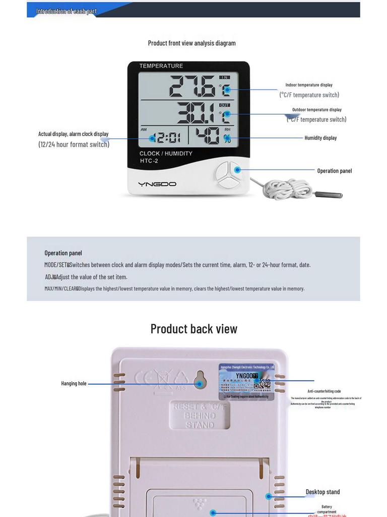 TK Electronic HTC-2 High Precision Digital Thermohygrometer with Probe for Indoor & Aquarium Water Temperature Measurement.