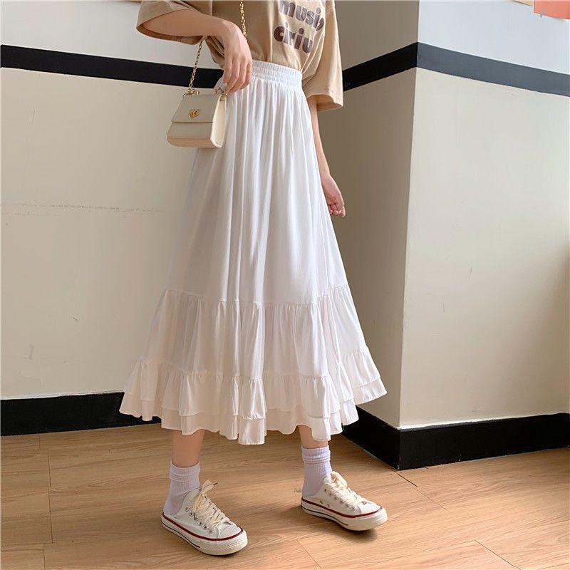 

High-Waist A-Line White Midi Skirt with Ruffles M (90-105 Jin)