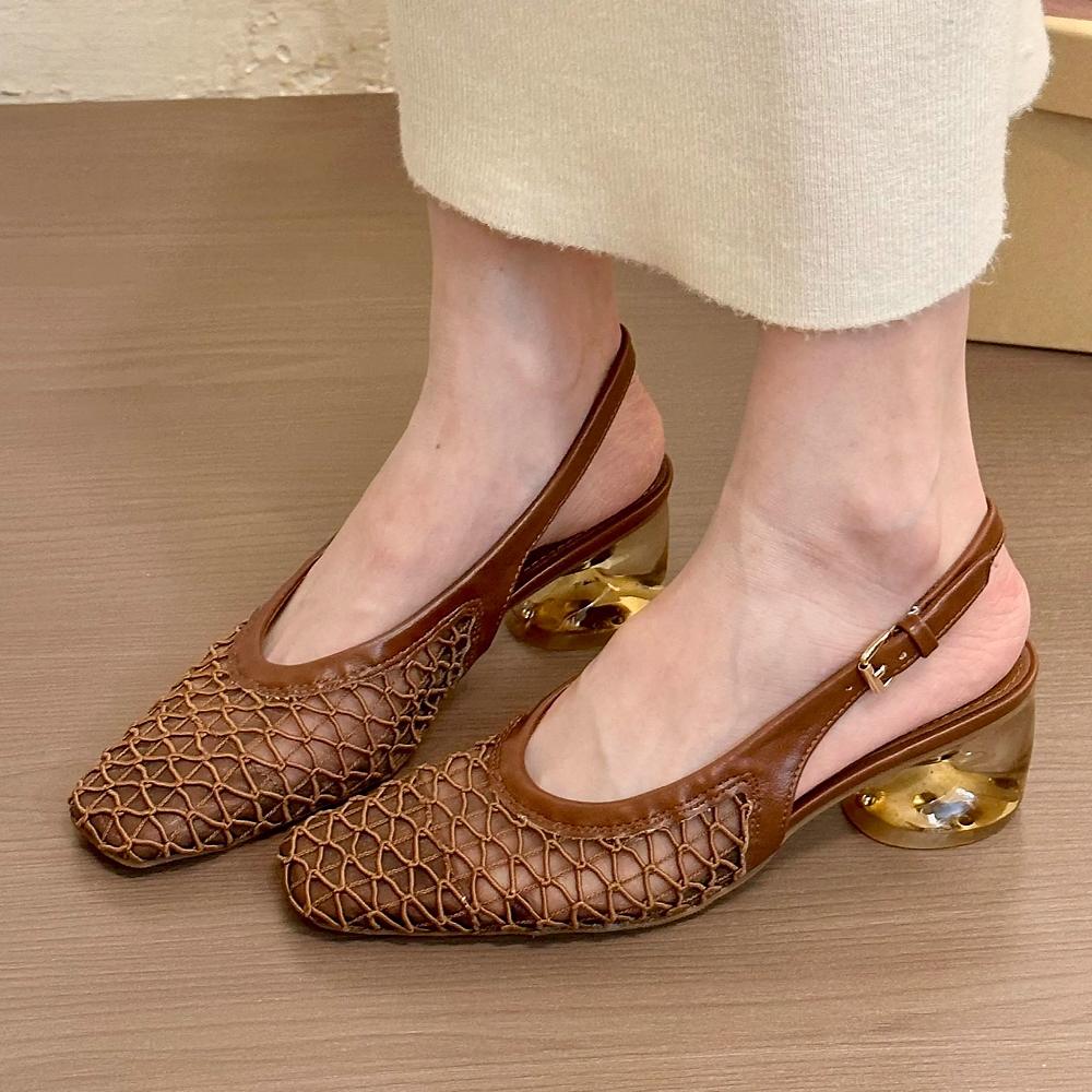 

Fashion Mesh High Heels Sandals Women Shoes Hollow Square Toe Slippers 2025 Trend Summer Elegant Dress Pumps Chunky Sandalias De Mujer 35 коричневый