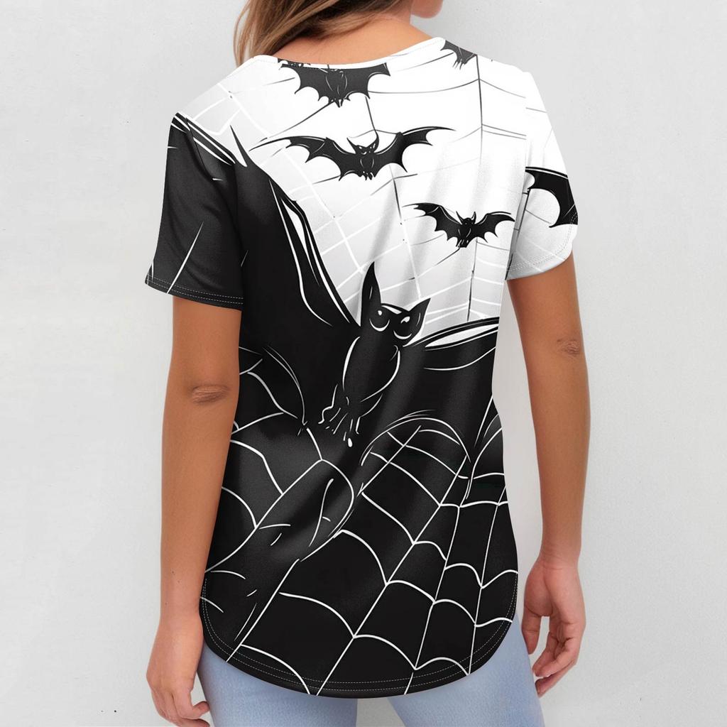 Women's Fashion V-neck Short-sleeved Work Uniform With Pockets, Halloween Print Top