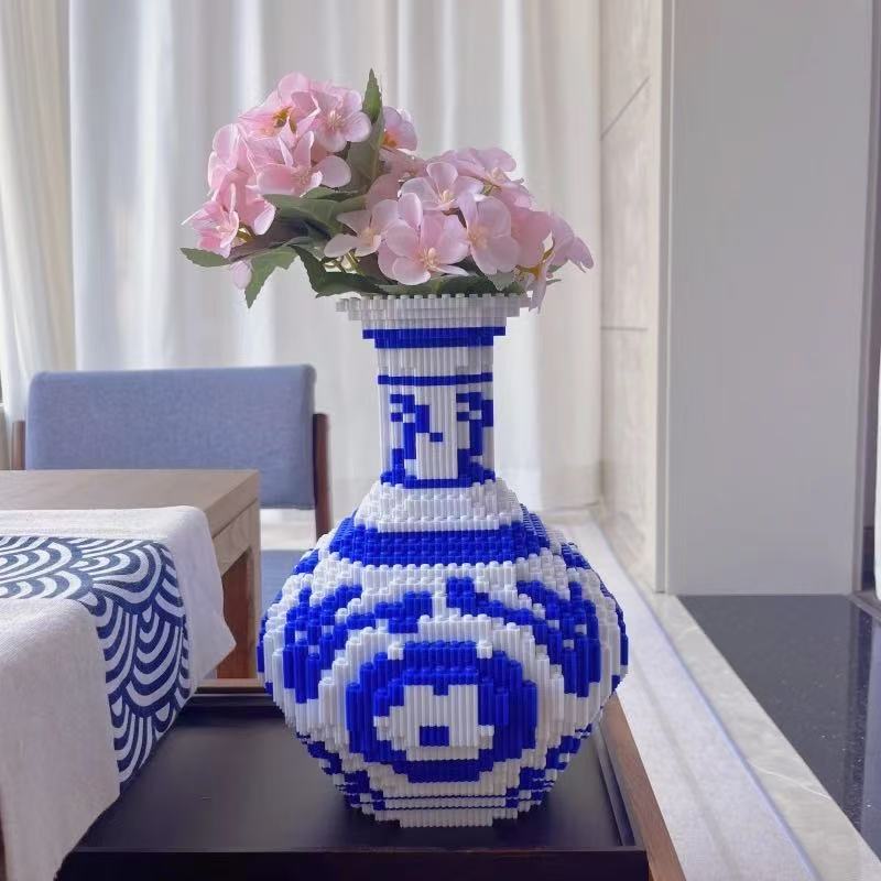 Novo Estilo Chinês Padrão de Vaso de Porcelana Azul e Branco Modelo de Urso 3D Bloco de Construção Montagem de Partículas Pequenas Quebra-cabeça Infantil Brinquedo