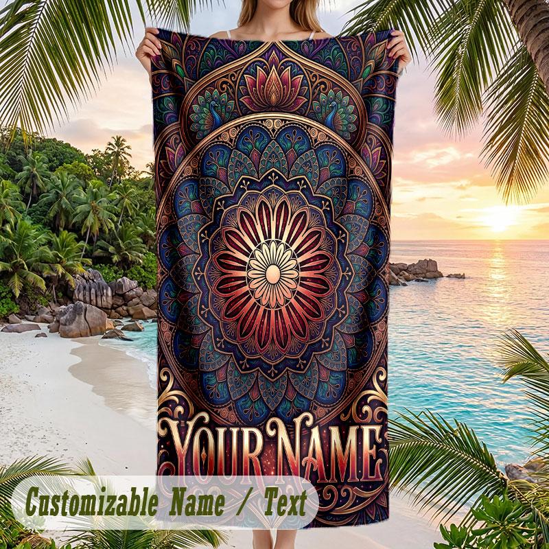 Mandala Art Cover Theme Quick Dry Beach Towel Custom Name Text Print Large Sand Resistant Towel Beach Vacation