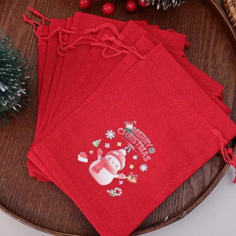 10/1PCS Christmas Drawstring Gift Bags Burlap Packaging Pouches Kids Favors Xmas Tree Hanging Pendents Party Decor Storage Bag