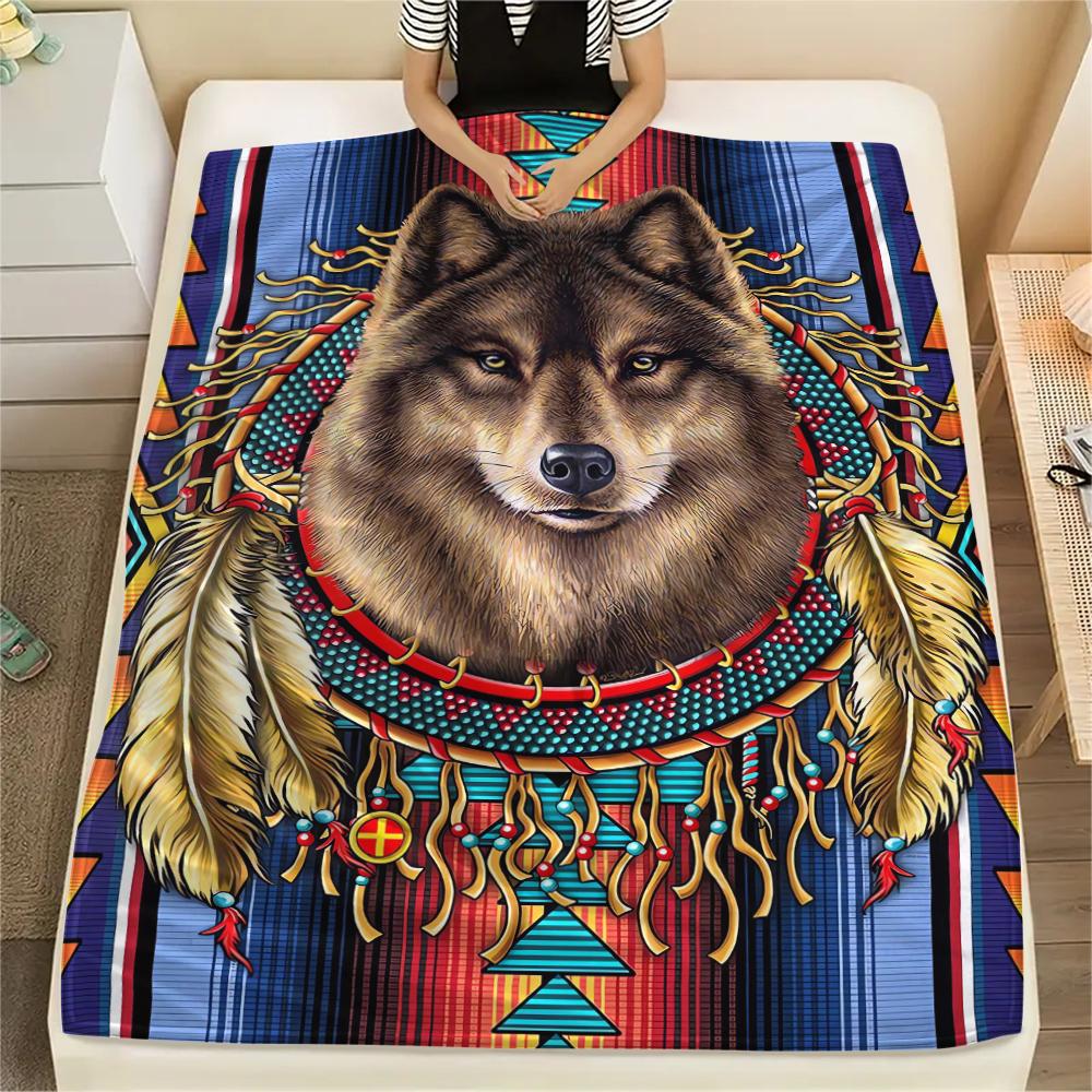 1Pc Natvie Wolf Print Flannel Blanket, High quality Comfortable for All Seasons, Home Decor, Warmth and Comfort, Perfect for Christmas Gifts