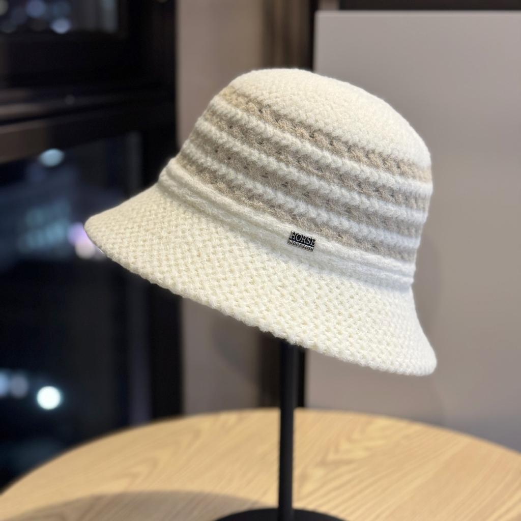 Black Striped Knitted Woolen Fisherman Hat for Women In Autumn and Winter Face Showing Small Bucket Hat Fashionable Big Head Basin Hat
