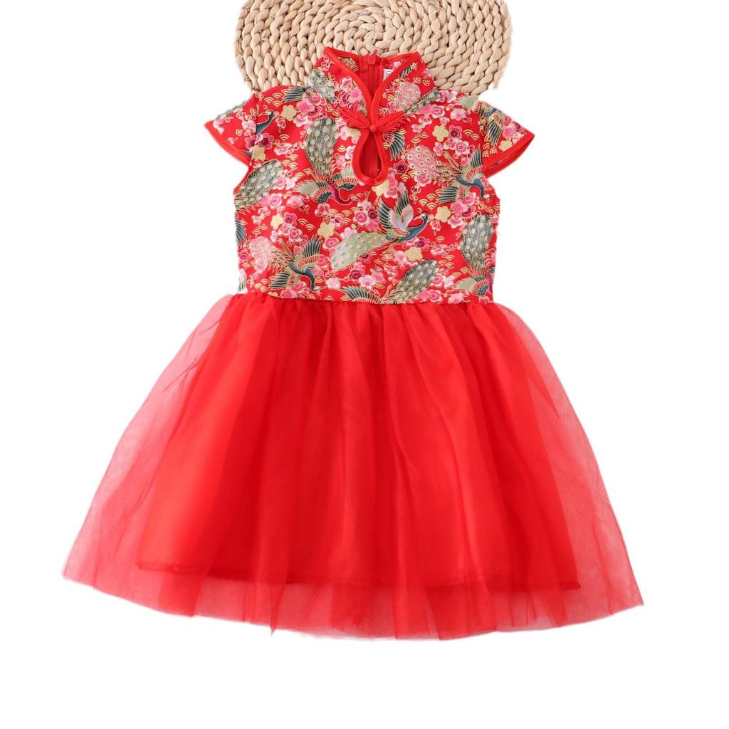 Spring Autumn Loose Fit Kids' Mesh Princess Dress - Chinese Style Short Sleeve Costume