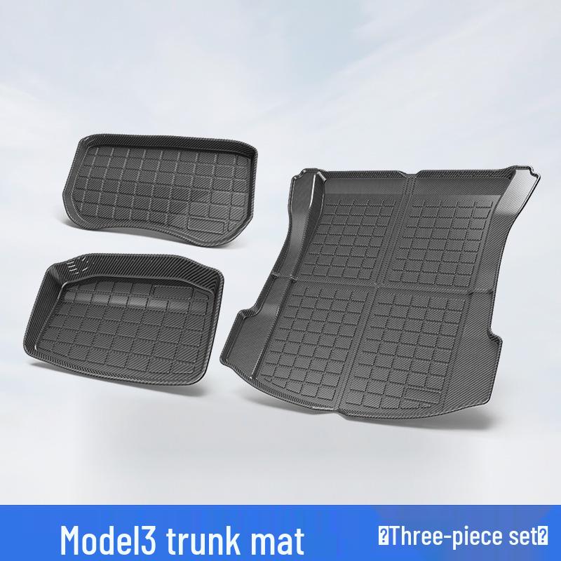 Tesla Model 3 & Y Carbon Fiber Texture Trunk Mats: Eco-friendly, Waterproof TPV Mats for Front & Rear.