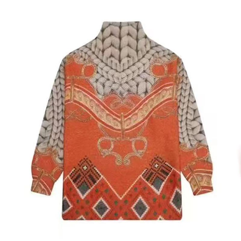 Plus Size Women's Mink Velvet Printed Sweater with Half-High Collar