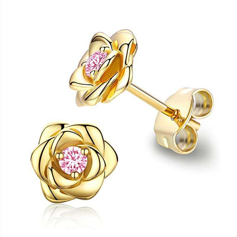 Huitan Exquisite Rose Stud Earrings for Women Luxury Sparkling Cubic Zirconia Temperament Sweet Flower Earrings Fashion Jewelry
