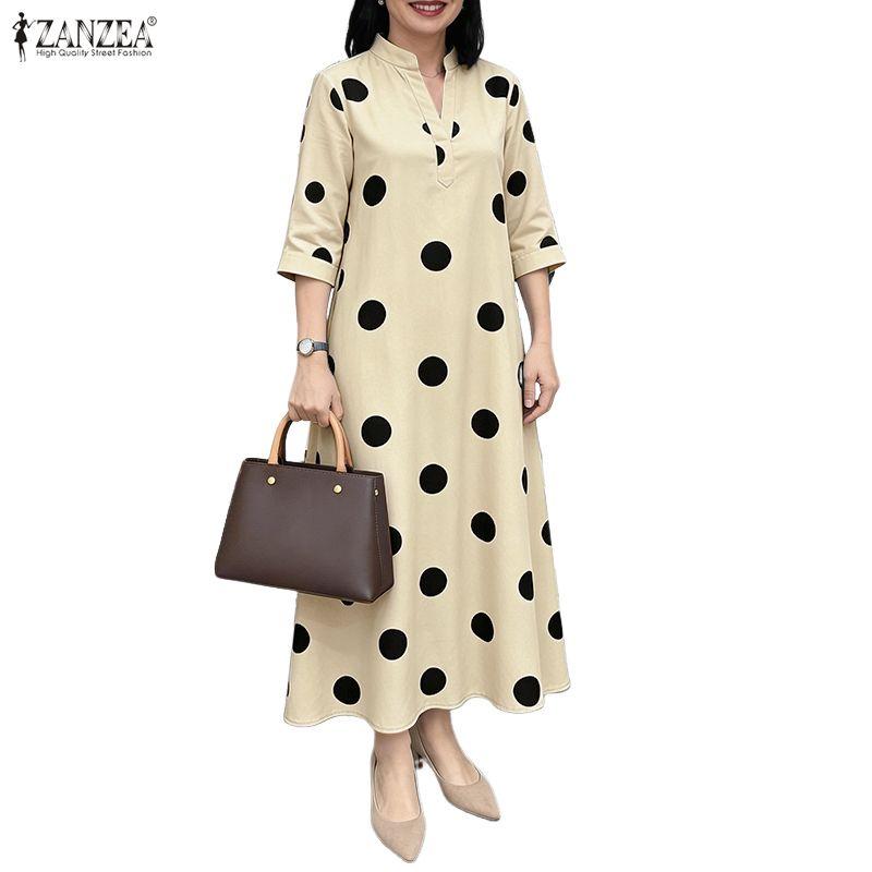 ZANZEA Damen Freizeit V-Ausschnitt 3/4 Ärmel Locker Gepunktetes Midi-Kleid