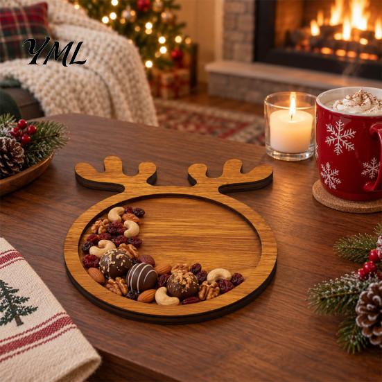 Decorative Nut And Fruit Tray Christmas Tree Elk Serving Tray, Durable Wood Partitioned Design Food Server Platter, Dinnerware for Charcuterie Snacks