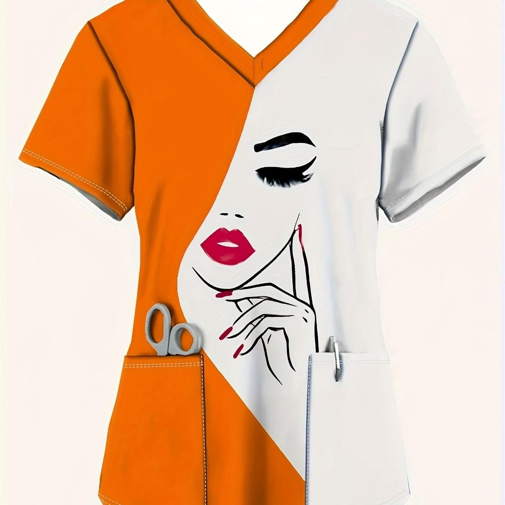 2025 Women's Summer Clothes Stylish Barber Uniform - Black V-Neck T-Shirt with Scissors Comb Print Perfect for Hairdressers