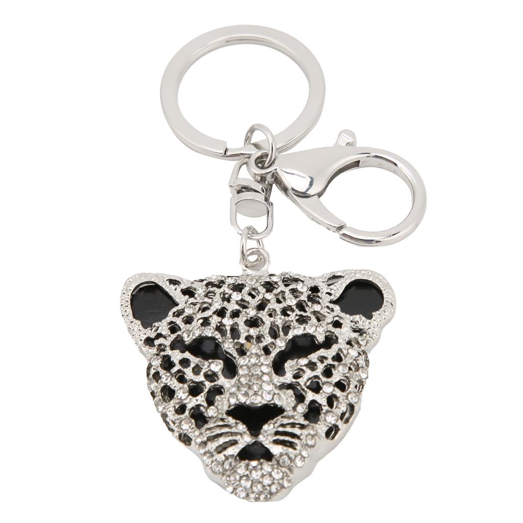 Keychain Exquisite RhinestoneEncrusted Leopard Head Car Bag Pendant for Girl Birthday Gift(Silver )