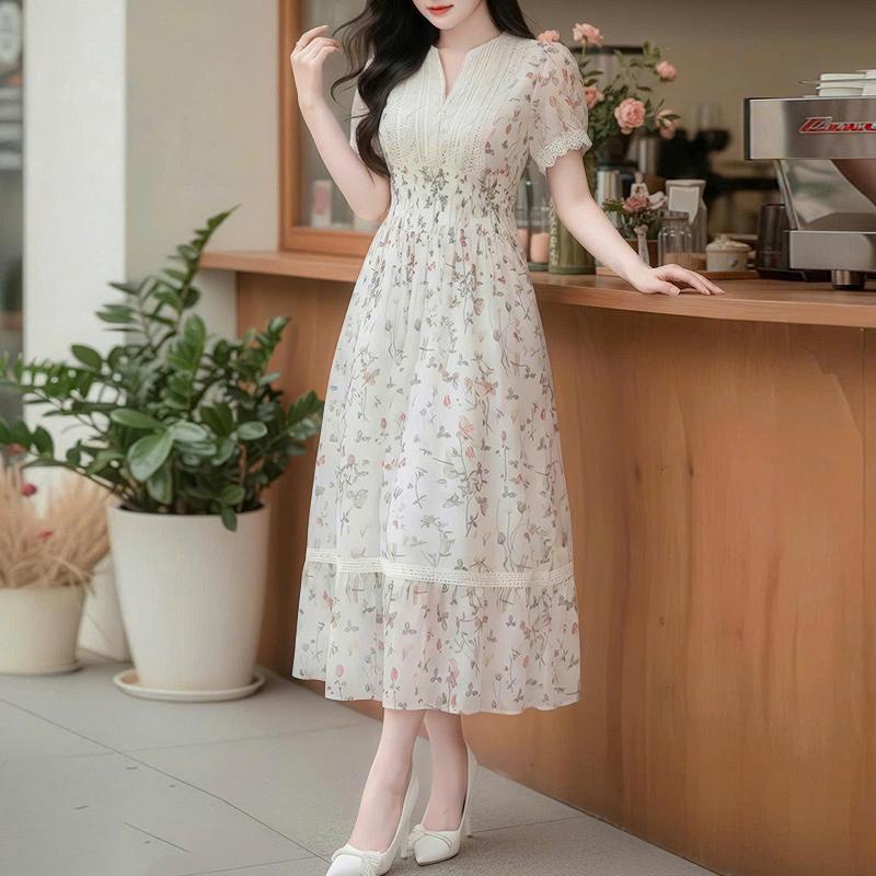 ZANZEA Women Lace Splice V-Neck Casual Short Sleeve Floral Dress M абрикосовый