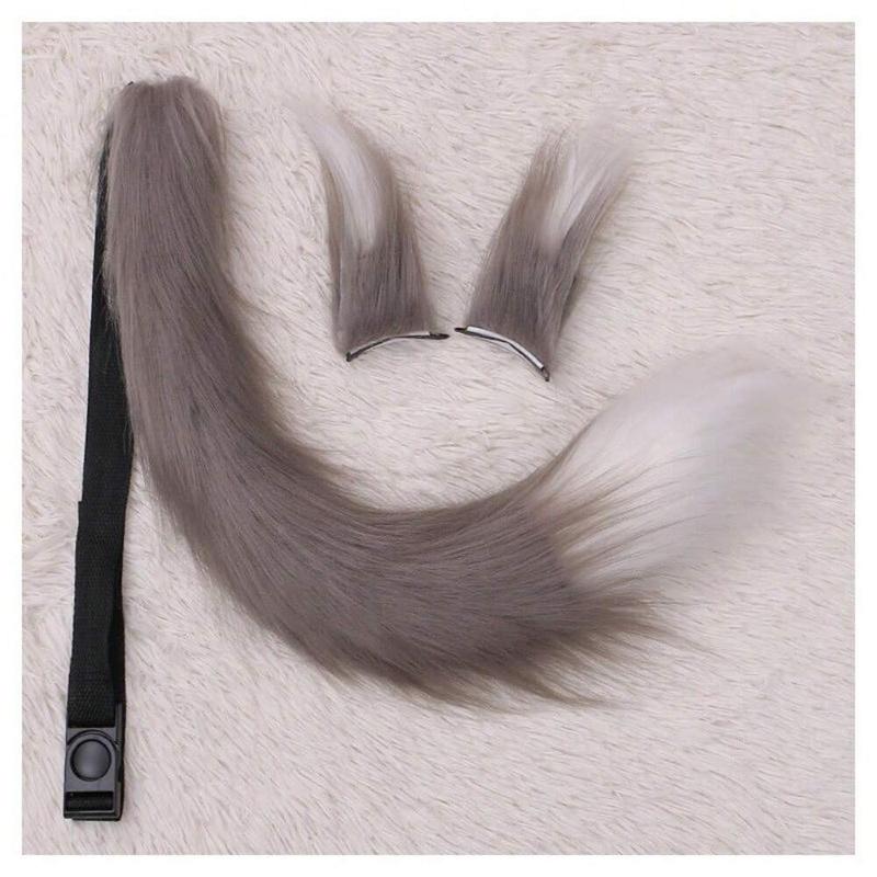 Long Furry Fox Tail Ears Hair Clips Set Anime Cosplay Costume Props Lolita Animal Cat Tail Fursuit Plush Tail Faux Fur Haripins
