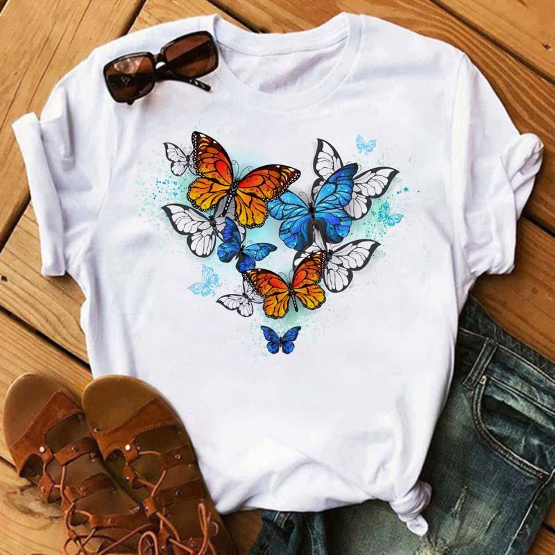 Summer Butterfly Print Plus Size Loose Round Neck Pure Cotton Short Sleeved Top T-Shirts Women’s Tees