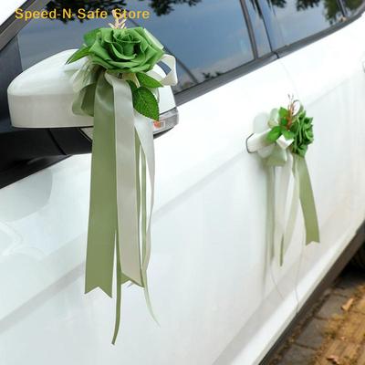 1Pcs Retro Wedding Car Decor Mirror Flower Bow Handle Decoration for Elegant Bridal Vehicle Door Ceremony Scenes