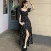 French Square Neck Floral Dress Women's New Style Hot Girl Waist Mid-long Split A-line
