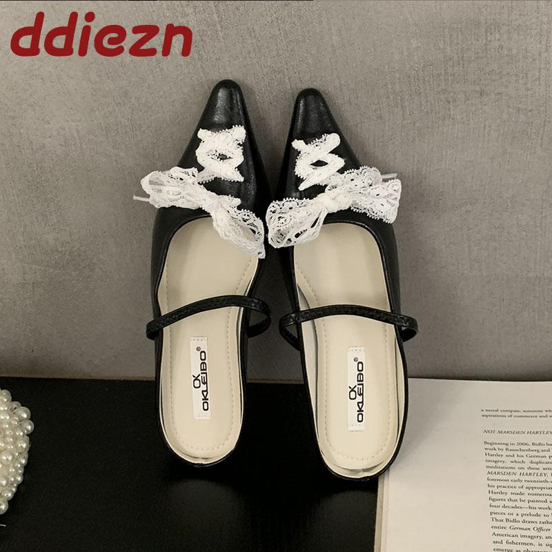 Fashion Fashion Lace Up Women Flats Mary Janes Shoes Female Slides Pointed Toe Footwear Shallow Dress Ladies Flats With Shoes Mules