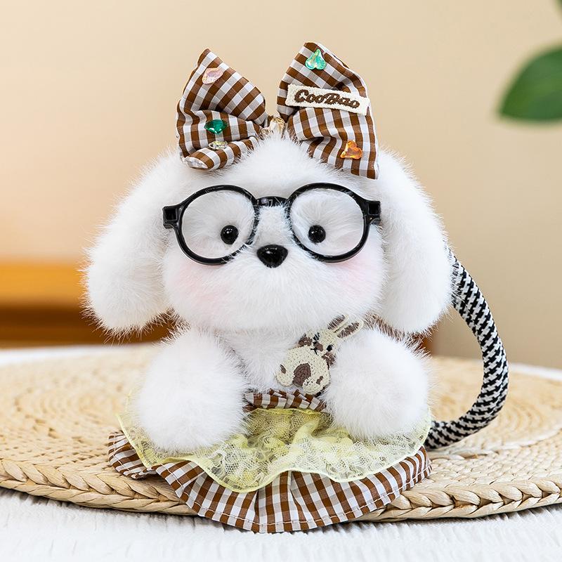 Cartoon Cute Glasses Puppy Plush Pendant – Soft Barley Dog with Skirt and Colorful Rope Doll
