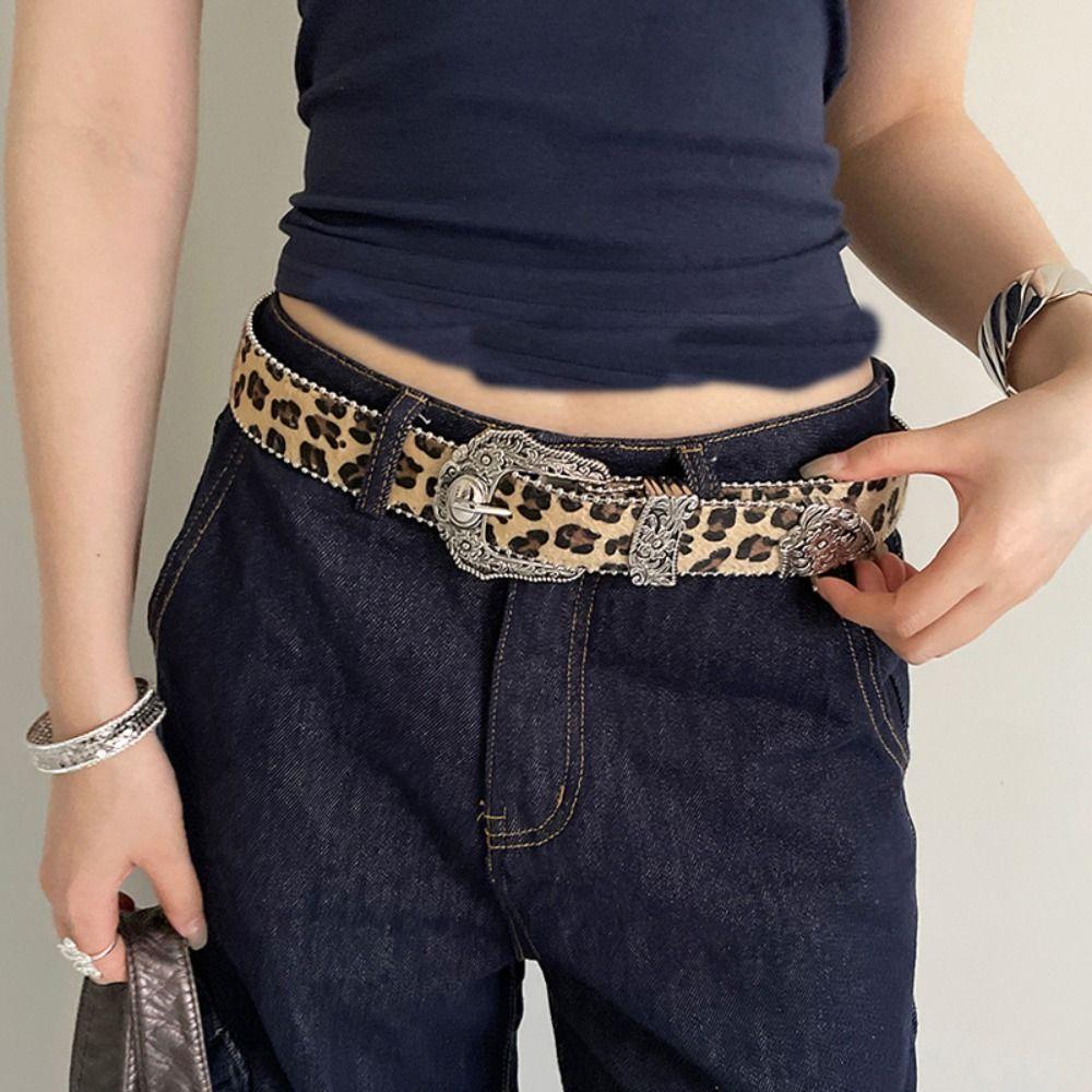 Punk Style Leopard Print Belt Designer Women's Waist Belt Daily Rivet Waist Belt  Streetwear