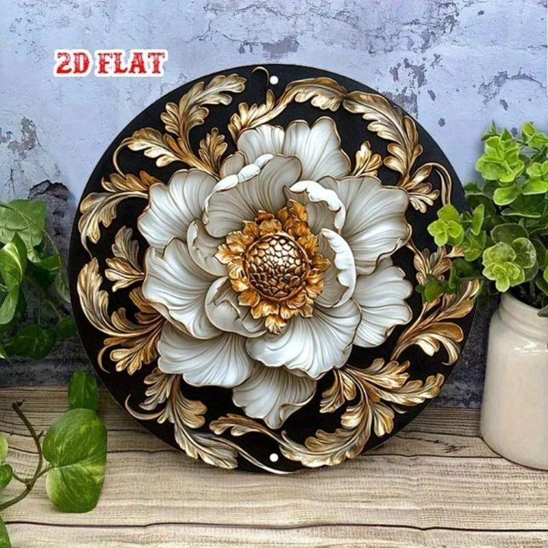 

Round Metal Wall Art, Retro Floral Poster, Gold and White, Living Room Decor