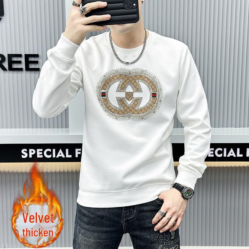 Sudadera Polar de Gama Alta para Hombre Otoño/Invierno Europeo: Elegante jersey de manga larga con diseño de pedrería termoadhesiva