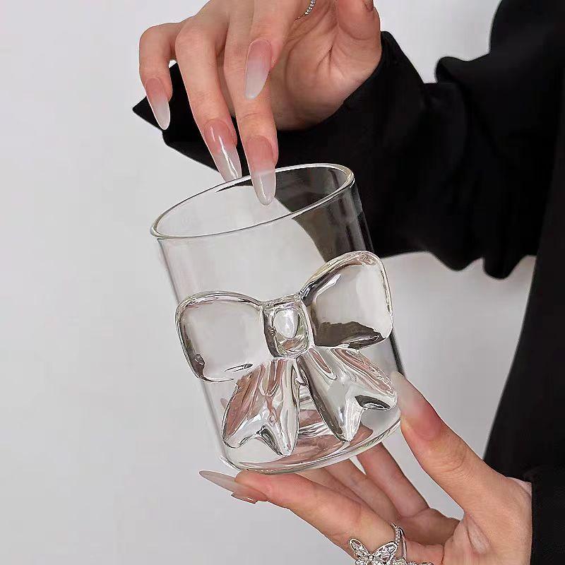 1Pcs Pink Bow Knot Glass Cup Coffee Milk Fruit Cup Heat-resistant Glass Drinks Mug Cups 13oz 400m Lovely Cup