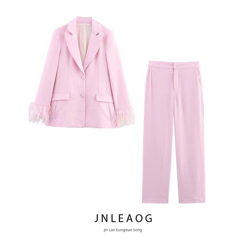 Jnleaog Spring New Arrival Women's Clothing Fashion Style Feather Suit Outwear Elegant Straight-Leg Trousers 3421324