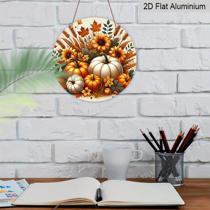 2D Flat, 1pc Round Aluminum Hanging Sign, Rustic Farmhouse Metal Wall Decor - Autumn Harvest Pumpkin & Fall Signs, Seasonal Plaque Suitable for Home