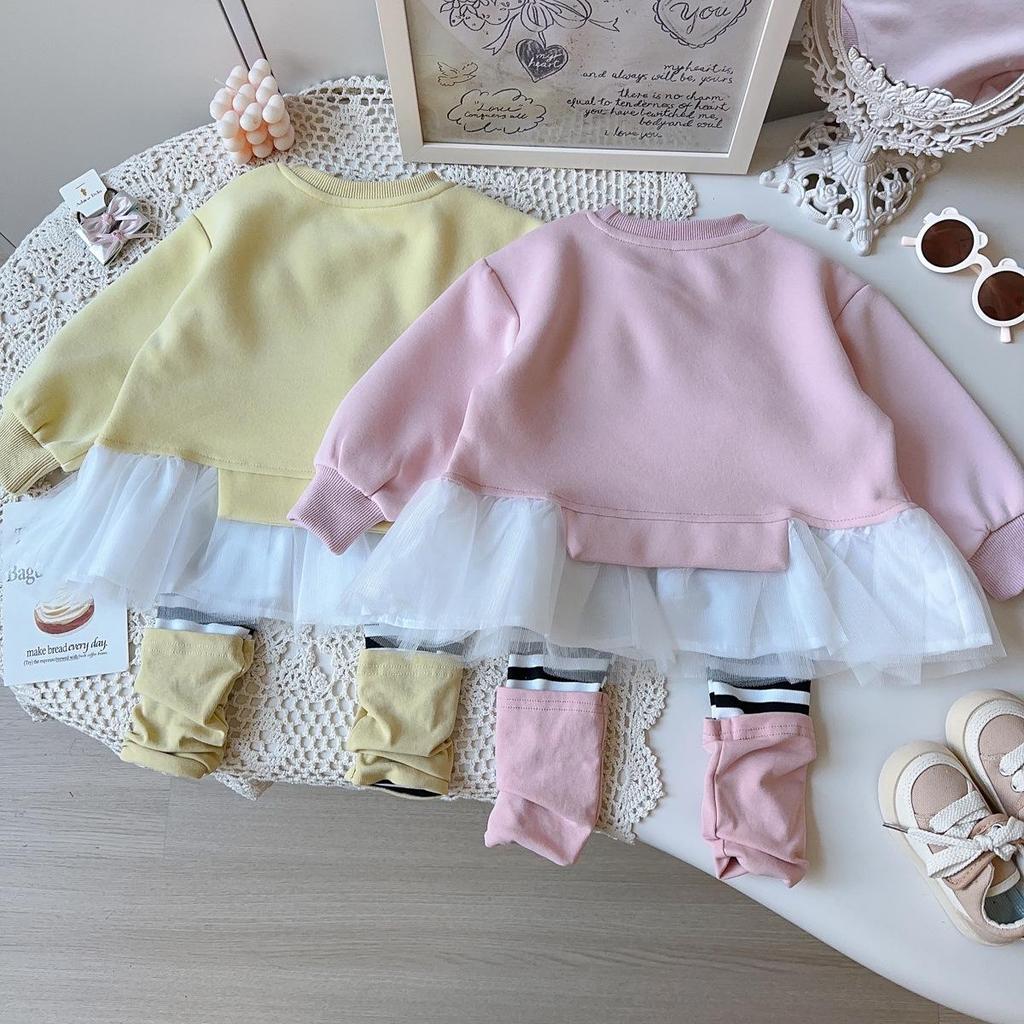Baby Girls' Cartoon Sweatshirt & Striped Leggings Set - Autumn/Spring